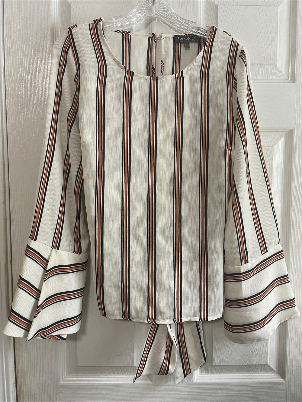 Luxology Size Large White Orange Black Striped Bell Sleeve Boat Neck Top